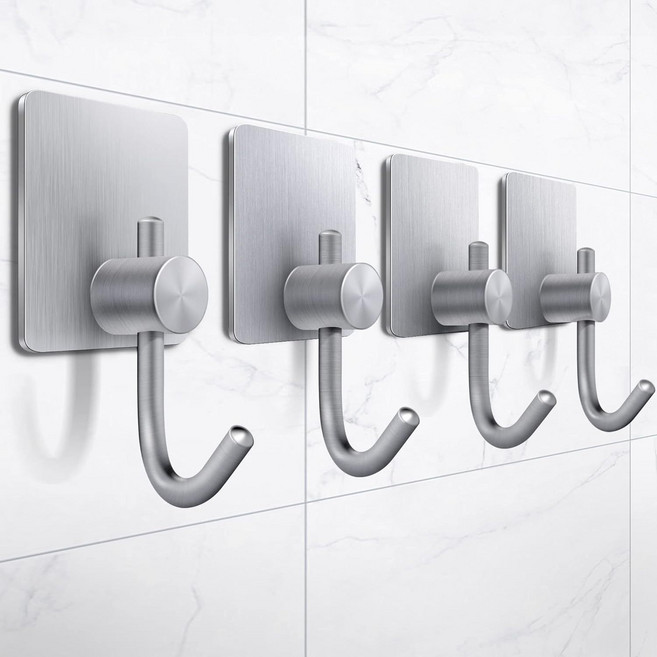 무타공 SUS304 스테인리스 접착식 후크 욕실 주방 수건 행주 벽걸이 걸이, 4개, 실버