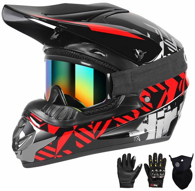 SPARK DOT 도트 Motocross 더트 바이크 헬멧 풀 페이스 오토바이 오프로드 마운틴 E-바이크 BMX MX ATV 헬멧(장갑 고글 마스크 포함) 4피스 세트 (블랙, 라지, 레드 1개