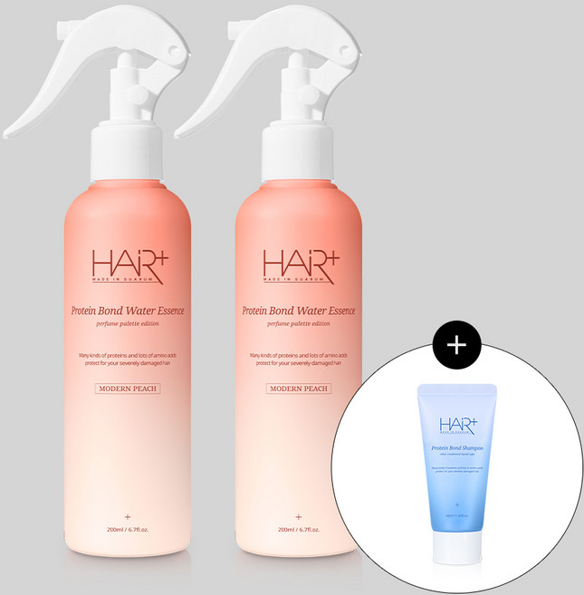 헤어플러스 단백질 본드 모던 피치 워터 노워시 트리트먼트 200mlX2개 +단백질 샴푸 50ml 뿌리는 극손상 헤어팩 향좋은 퍼퓸, 헤어플러스 단백질 본드 모던 피치 워터 노워시 트리트먼