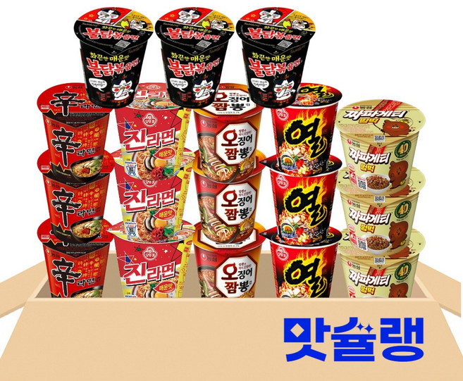 [맛슐랭] 소컵라면 6종 신라면3+진라면매운맛3+열라면3+불닭볶음면3+오징어짬뽕3+짜장범벅3 사무실 간식 비품 스낵 탕비실 아이들 컵라면, 1세트