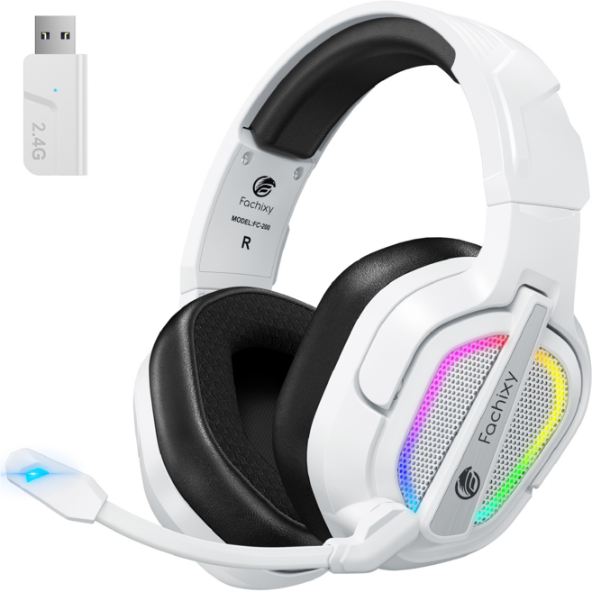 파치시 무선 게이밍 헤드셋 FC200 가상 7.1채널 3D 사운드 RGB LED 노이즈 캔슬링 마이크 2.4GHz 저지연 PC PS5 겸용, 화이트블랙