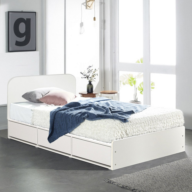 (매트포함)보루네오 국내생산 LED 멀티수납 통서랍 플릭 침대+독립스프링 유로탑 매트리스, 02.화이트