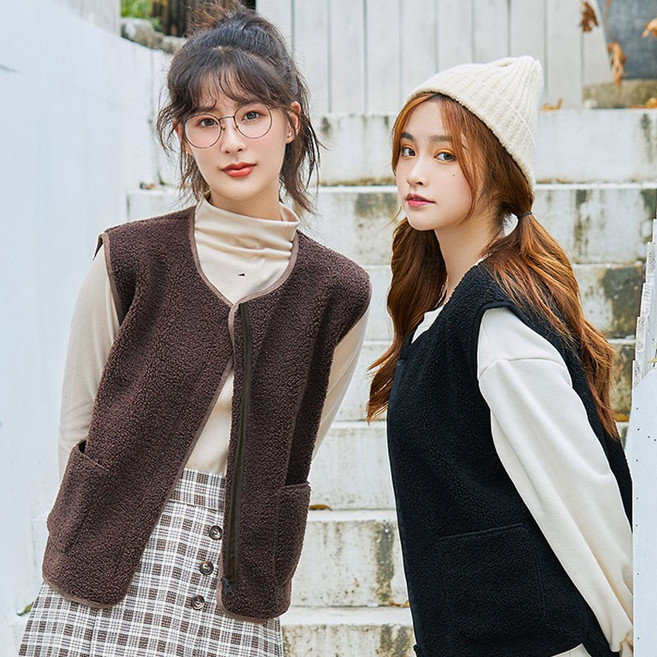 NEW 여성 후리스 조끼 프리미엄 양털 조끼 여자 뽀글이 골프 조끼 집업 방한 베스트