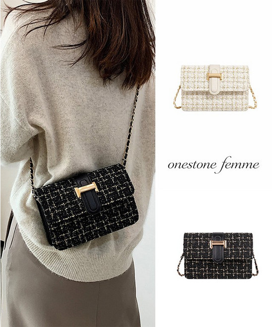 [1+1할인][오픈특가] 팜므 로엘 트위드 체인 미니 숄더백 2color 체크 토트백 가방 골드 버클 체인
