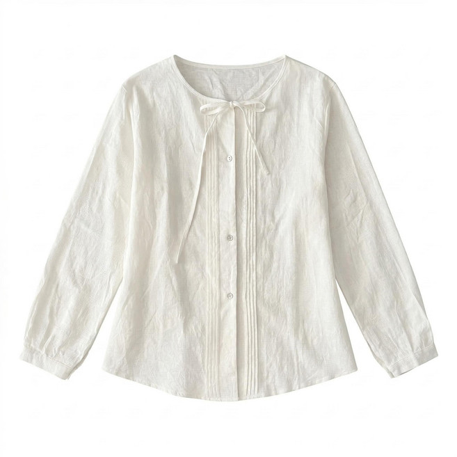 로엔나 리본넥 여성 루즈핏 긴팔 블라우스 내추럴 데일리 화이트 셔츠