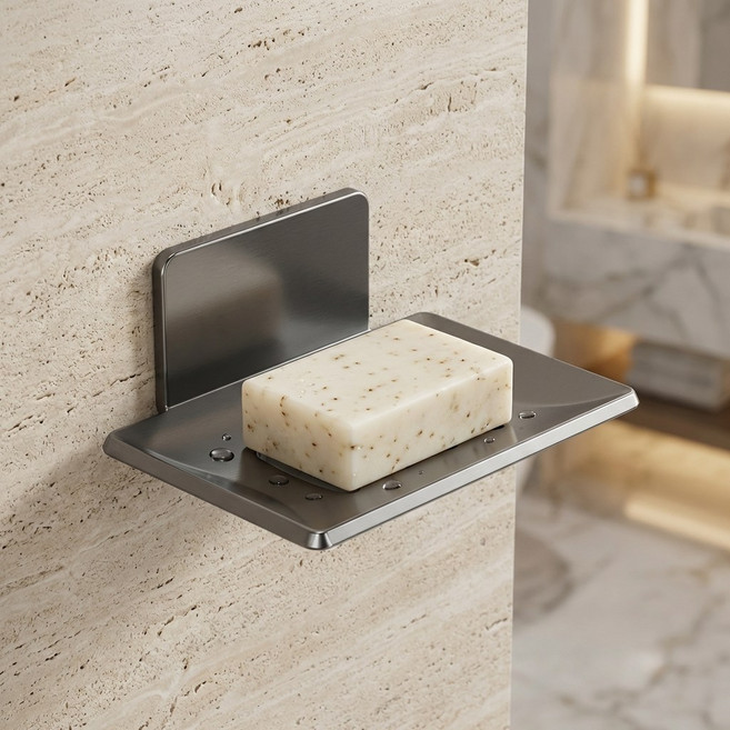 브로키 항공 알루미늄 무타공 접착식 비누받침대, 1개, 메탈그레이