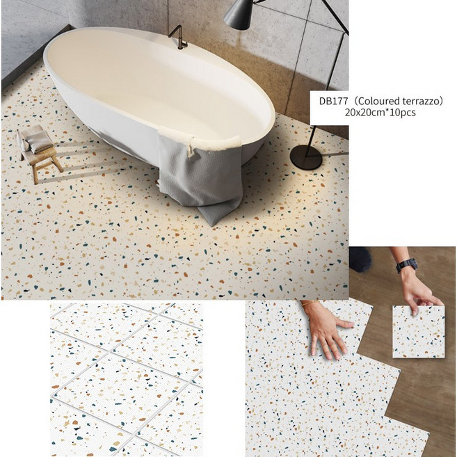 FUNLIFE 防滑防水地板貼 20x20cm 霧面磨砂 PVC 瓷磚花磚 水磨石紋 廚房浴室適用 10片組, 1個, 177霧面防滑磨砂10片20cm現貨