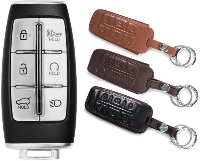 제네시스 호환 6버튼 스마트 키 가죽 차키 케이스 키홀더 / GV80 G80 호환, 블랙, 제네시스6버튼(L51)