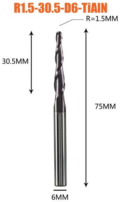밀링 커터 텅스텐 솔리드 카바이드 엔드 밀 4mm 6mm 8mm 볼 코 테이퍼 라우터 비트 CNC 목재 금속, R1.5-30.5-D6-TiAlN, 1개 - 쿠팡