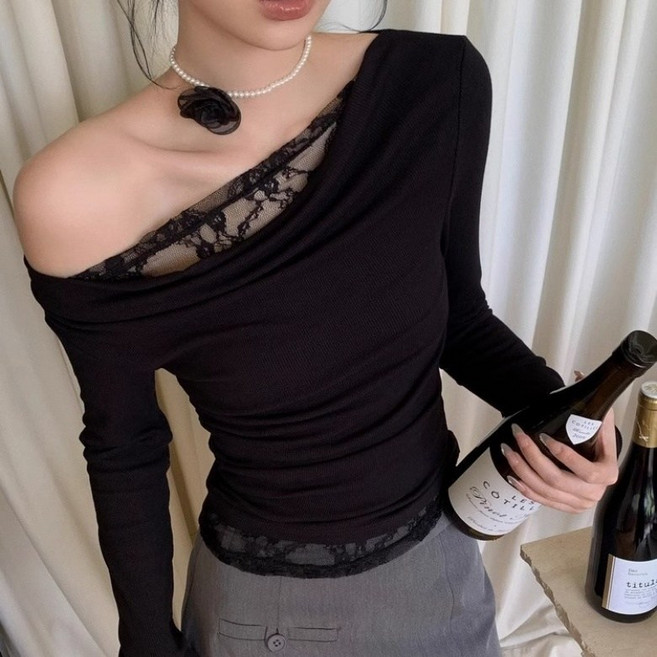 아이엠몽 여성 레이스 레이어드 셔링 오프숄더 긴팔 티셔츠