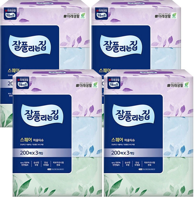 잘풀리는집 스퀘어 각티슈 200매 3입 x4개, 12개