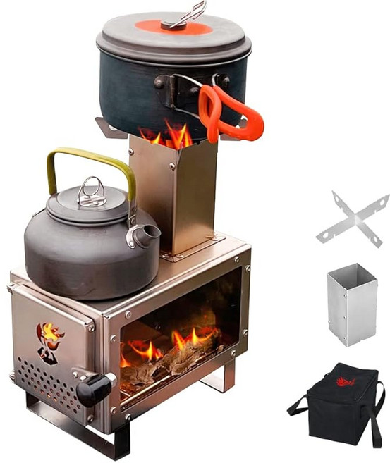 UPF 장작 스토브 신상급 1대 2역할 캠핑 내열 유리창 포함 미니 장작 스토브 스테인리스 강 로켓 스토브 굴뚝이 달린 소형 솔로 스토브 화로대 컴팩트 아웃도어 스토브 BBQ 조리, 1개