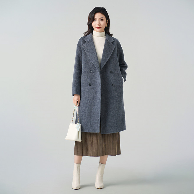 여성 핸드메이드 양면 울 코트 가을겨울 더블 브레스트 루즈핏 롱기장 보온 캐주얼 아우터