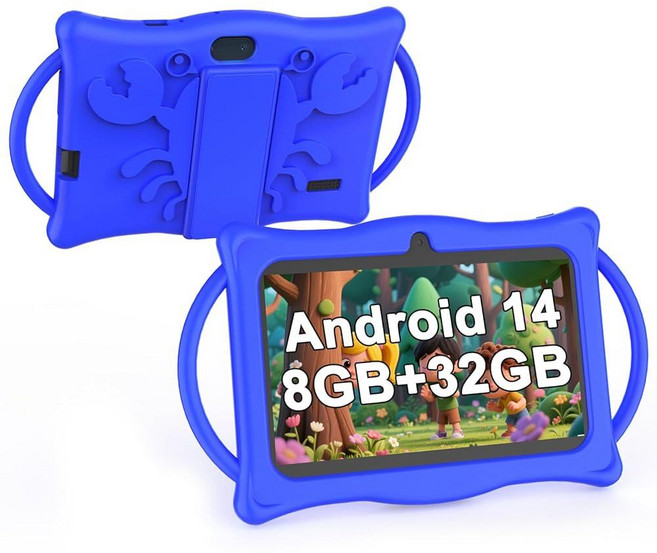 BYANDBY 아동용 태블릿 7인치 안드로이드 14 아동용 8GB+32GB ROM+1TB 확장 쿼드 코어 유아 충격 방지 케이스 BT WiFi 자녀 보호 기능 듀얼, Blue