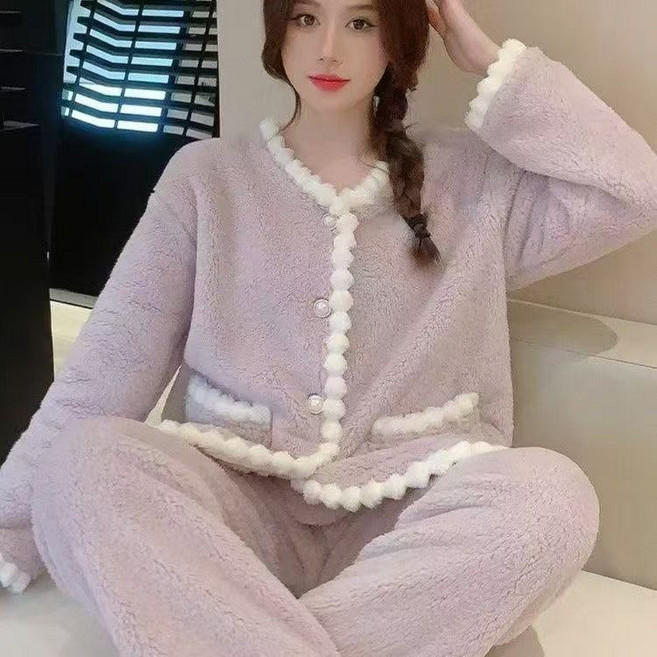 Skyciky 겨울 여성 잠옷 세트 두꺼운 기모 따뜻한 홈웨어 FF1606
