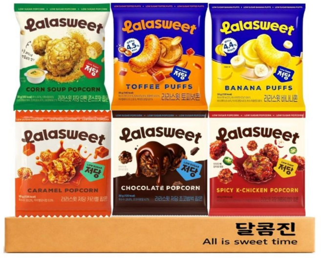 [달콤진] 라라스윗 저당 6종 카라멜 + 초코범벅 + 매콤닭강정맛 + 단짠 콘스프맛 팝콘 + 토피넛콘 + 바나나콘, 196g, 1세트
