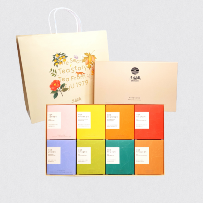 제이콘 오설록 프리미엄 티 컬렉션 총 40개입(8종5입), 제주 순수녹차+제주 화산 우롱차+제주 삼다 영귤 티+제주 유채&꿀 티+제주 동백꽃 티+제주 난꽃향 티+트로피컬 블랙티+삼다 꿀배 티, 1세트