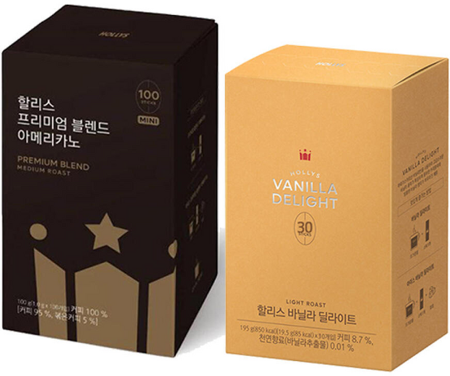 할리스 프리미엄 블렌드 아메리카노 100입 1개 + 바닐라 딜라이트 30입 1개, 할리스 프리미엄 블렌드 아메리카노, 100입, 1개 +, 100개입, 1g