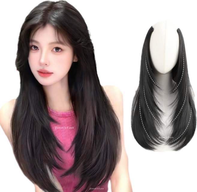 지니판 레이어드컷 c컬 볼륨 일체형 긴머리 붙임머리 55cm, 1개, 진한블랙