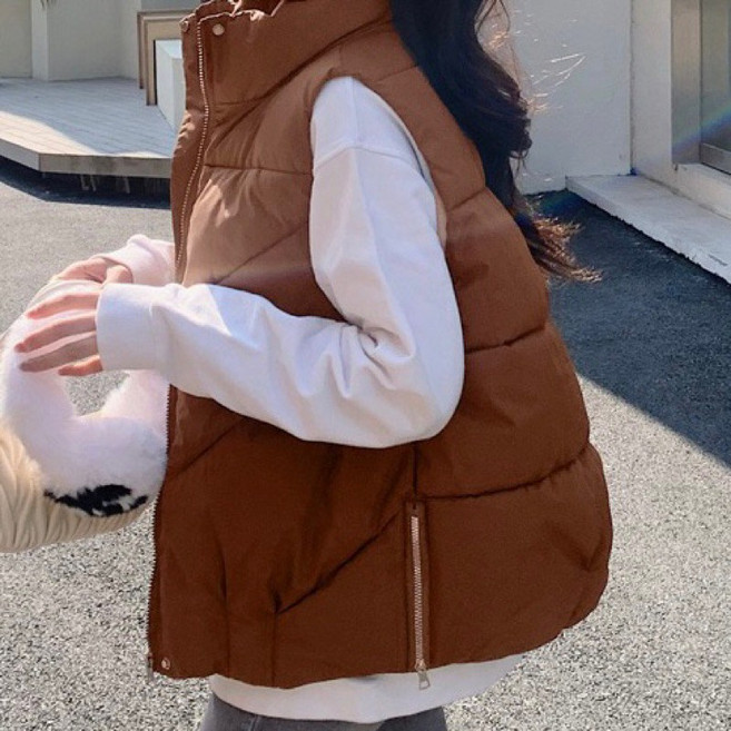 韓國保暖側拉鏈防風背心外套 鋪棉立領羽絨背心 防潑水麵包背心