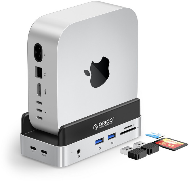 오리코 MiniDock M.2 Nvme SSD 듀얼 USB-A 마이크 SD/TF 6 in1 C타입 맥미니 M4 스탠드 멀티포트 확장 도크 VSE, 실버, 1개