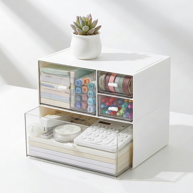 리빙윤 데스크 오거나이저 키높이 2단 세트 책상정리함, 1개, 화이트