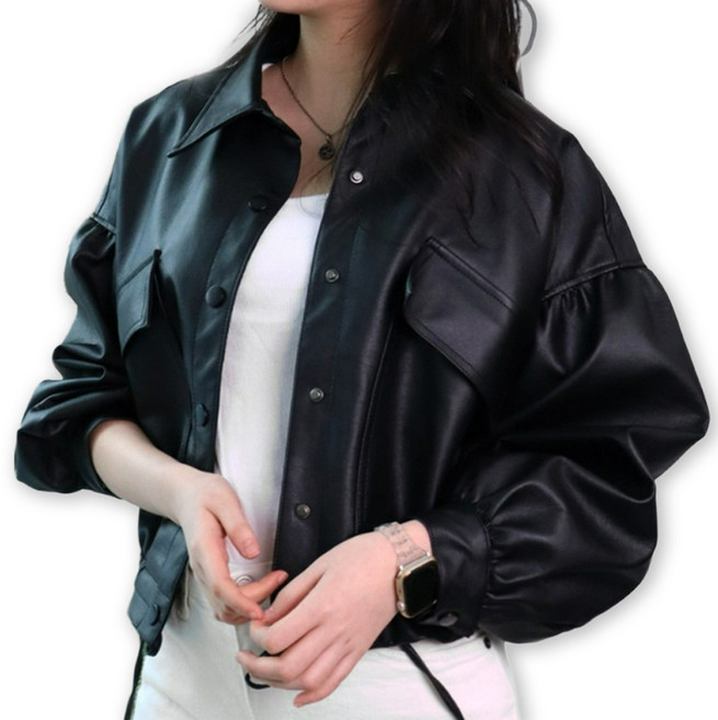 메리앤유 셔링 소매 오버핏 라이더 자켓 간절기 아우터 루즈핏