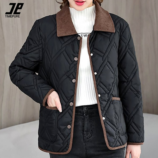 타임퓨어 여성 퀼팅 경량 패딩 점퍼 카라 배색 누빔 웰론 패딩자켓 간절기 패딩 루즈핏 가을 겨울 아우터