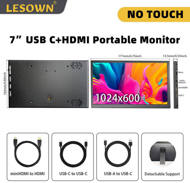 휴대용 모니터 LESOWN 소형 USB C 노트북 PC용 미니 LCD 디스플레이 7 인치 터치 스크린 HD 1024x600 IPS 보조 서브, 04 Monitor with Support, 1개