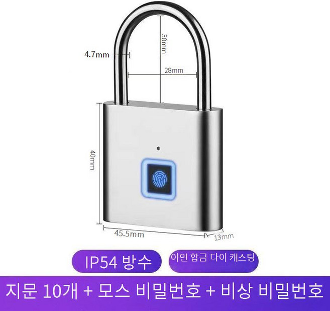 지문인식 자물쇠 도난방지 열쇠, 스페이스 실버 방수 + 지문 10개, 1개
