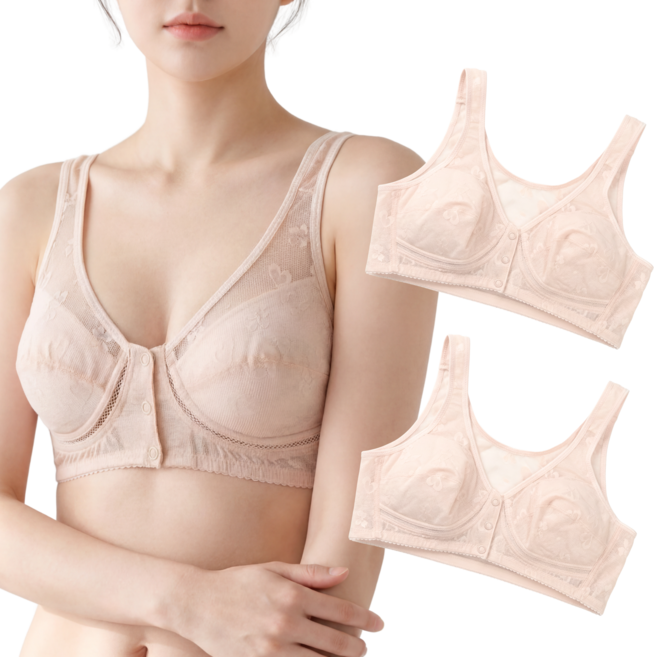[두리] 앞단추 노와이어 브라 2개세트 B컵 군살정리 파워넷 빅사이즈 여성브래지어