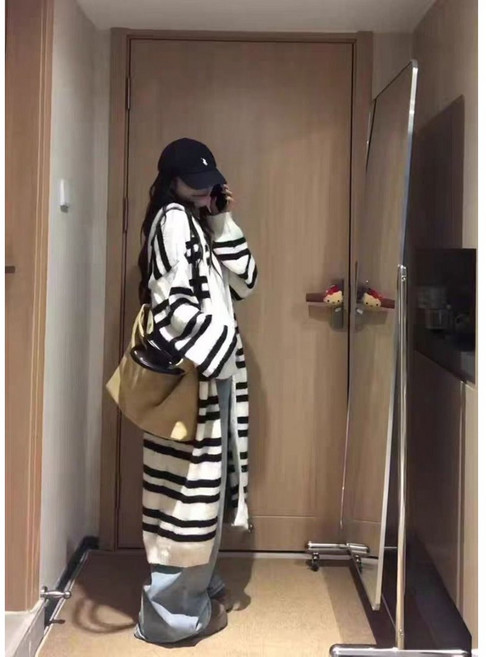 PEROLA 여성 롱 니트 가디건 간절기 스트라이프 후드 스웨터 루즈핏 데일리 코트