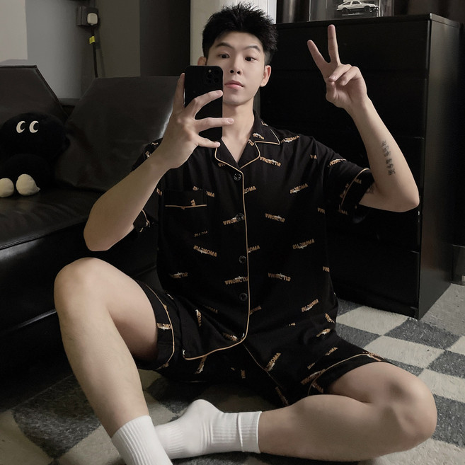 睡衣男款夏季新款純棉短袖套裝簡約舒適透氣可外穿家居服薄款