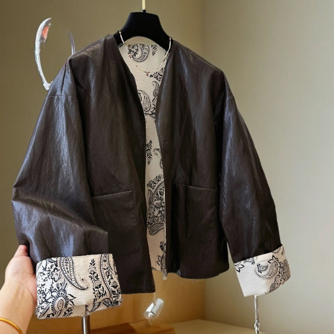 QEWBG 여성 가을 리버서블 페이즐리 패턴 숏 자켓 PU 아우터