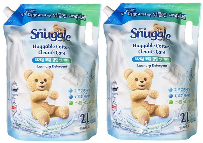 스너글 클린 앤 케어 허거블 액상세제 코튼향 리필, 2L, 2개