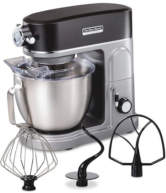 Hamilton Beach Professional 특수 부착 허브가 있는 올 메탈 스탠드 믹서 4.7L(5쿼트) 볼 12가지 속도 플랫 비터 도우 후크 거품기 포함 (, 1개