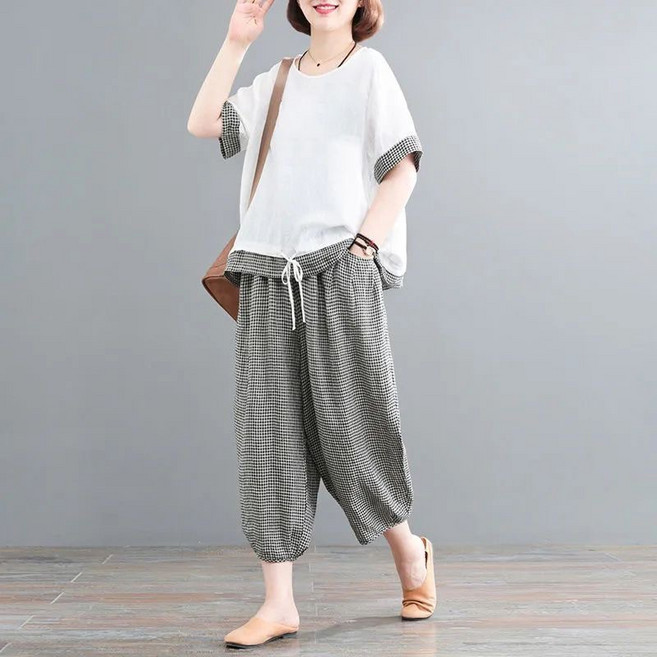 ANYOU 여성 캐주얼 세트 여름투피스 체크 패션 반팔+9부팬츠