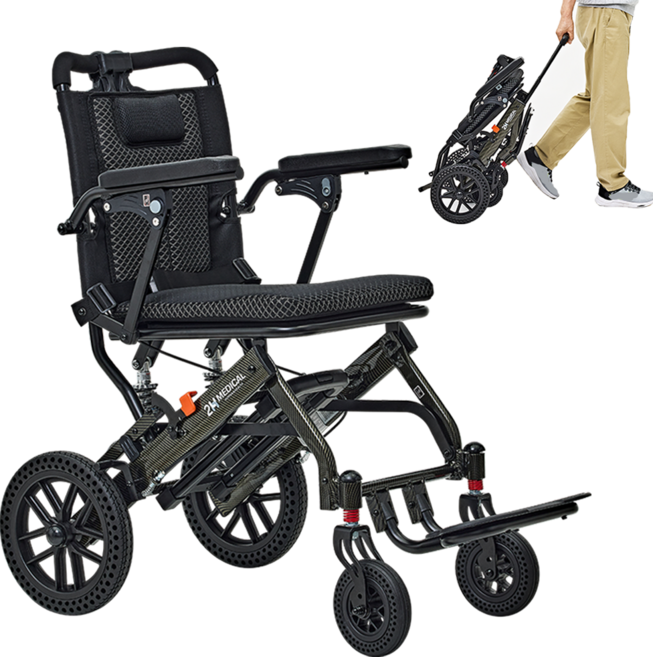 2H메디컬 페더체어 시리즈 - 8kg 초경량 알루미늄 수동 접이식 여행용 장애인 휠체어, 1개, 맥스+캐리어핸들