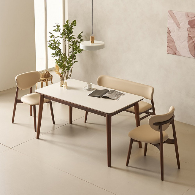 데코라인 마드리 4인용 세라믹 원목 식탁 테이블 1400 의자2+벤치1, 03-식탁+의자2개+벤치1개