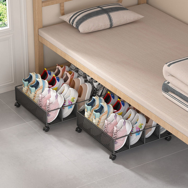 신발정리함 이동식 슬라이딩 침대밑 수납 바퀴 메쉬 바스켓 신발정리 수납함, 1개, 화이트 4칸