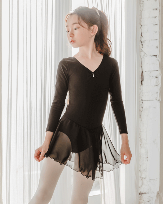[삐에아떼르] 1403 베이직 쉬폰 스커트 발레복 긴팔 검정