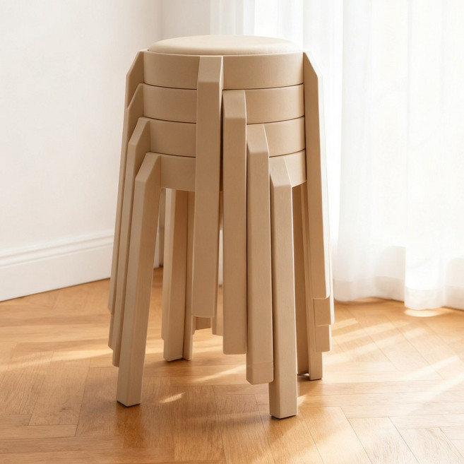 하루꿈 원형 방석 스툴 의자 세트 간이 보조 쿠션 적층 가능 식탁 의자, 베이지, 4개