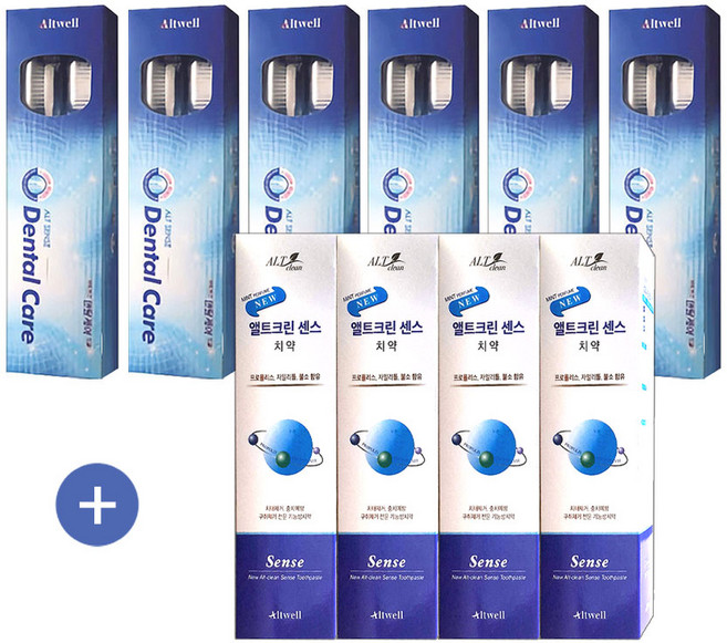 앨트웰 칫솔+치약 세트 (미세모 24개 + 치약 4개) 센스치약 인체공학적 디자인의 이중미세모 칫솔, 6세트, 4개입