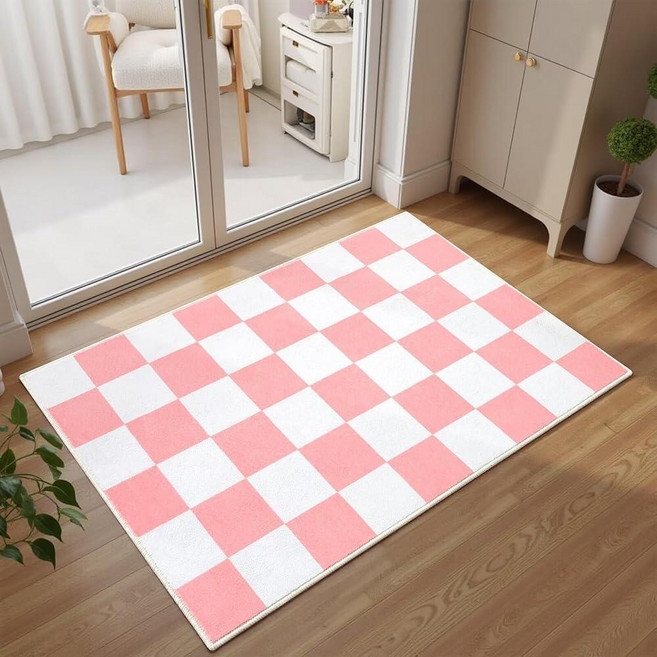 Terrug Pink 체크패턴e레드 Rug for Entryway 2x3 Small Area Rugs Washable with Non Slip 주방용품 Soft Low Pi