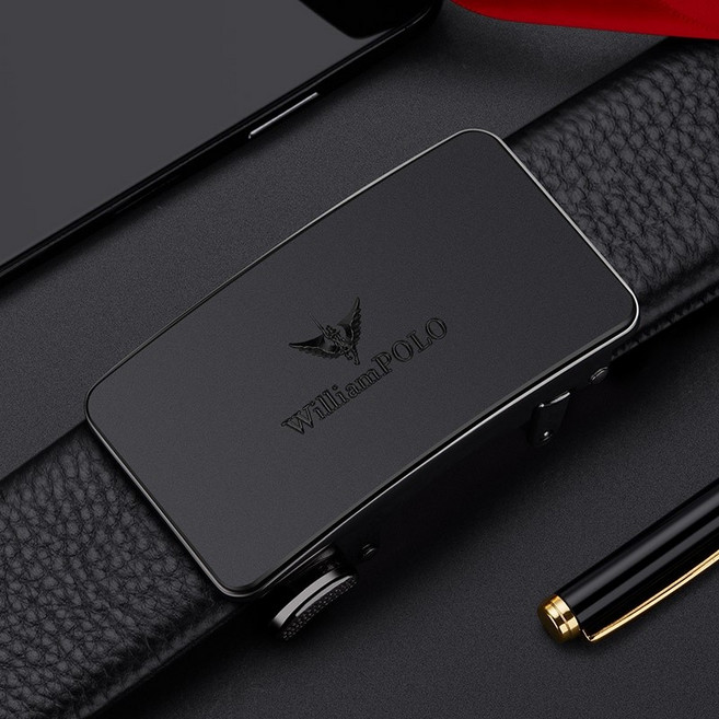 WILLIAM POLO 男士自動扣牛皮皮帶 鋅合金扣頭 柔軟耐用 商務休閒腰帶 黑色