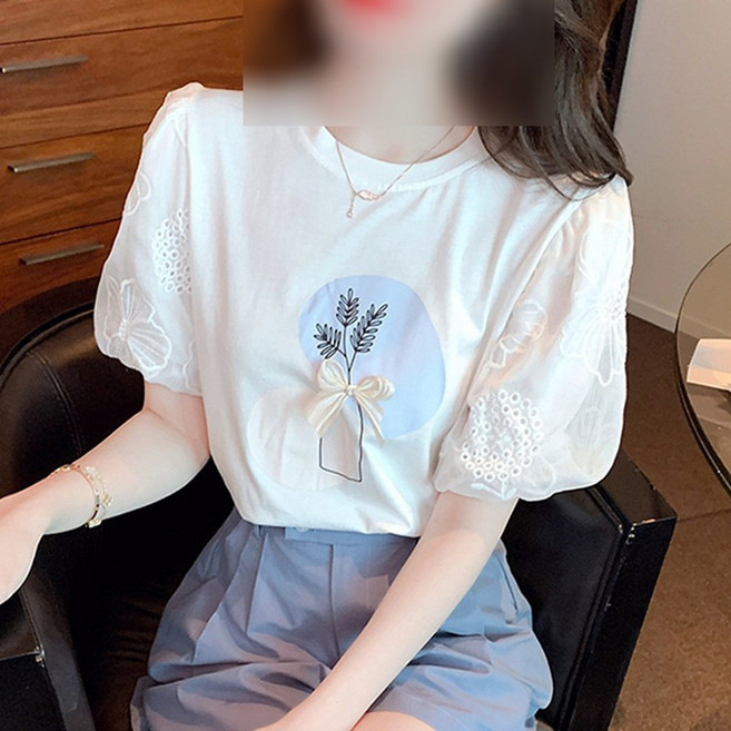 해피유통 여성 레이스 퍼프 반팔티 프린트 톱 jhsky