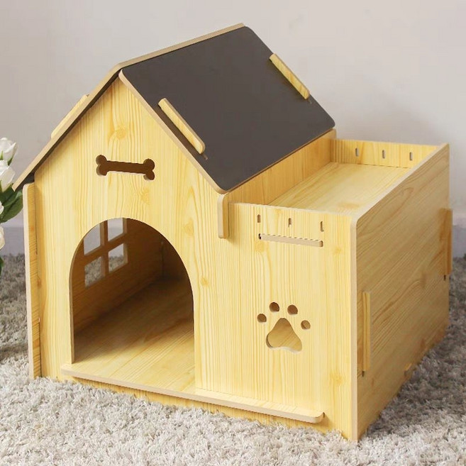 多吉狗屋 中小型木質奧松板狗屋 美型平台設計 安全通風易組裝, 1個, 咖啡色屋頂, 原木色