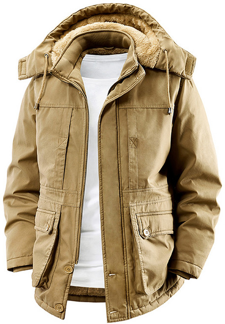 男士軍旅風工裝連帽加絨棉服外套 中長款多口袋
