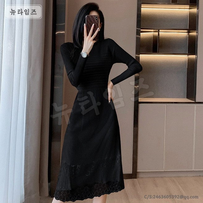 니트 원피스 36호 여성 라인 반폴라 레이스 니트 롱 원피스 YD 뉴타임즈 M382Q471
