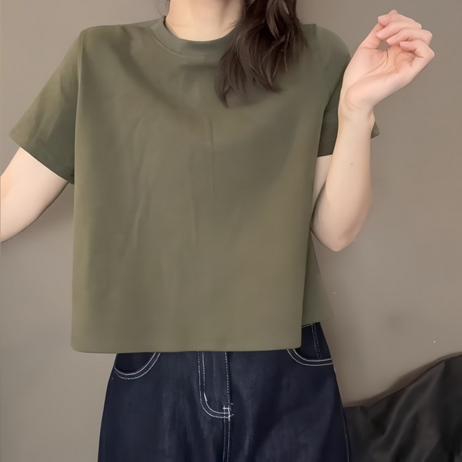 Makone 여성 라운드넥 솔리드 뒷면 버튼 심플 캐주얼 데일리 루즈핏 숏 반팔 티셔츠